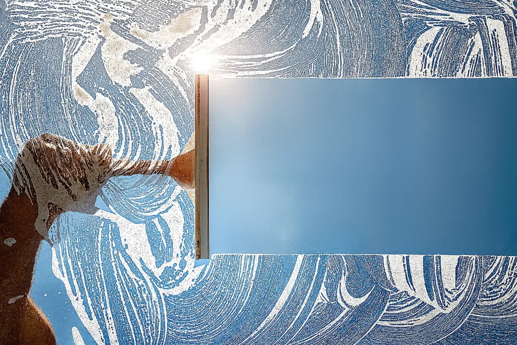 Lavage d'une fenêtre avec une raclette à vitres